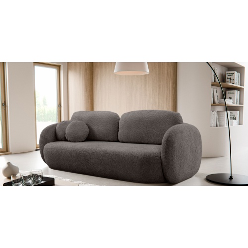 Sofa rozkładana Lindo z pojemnikiem, brązowa, boucle, obłe kształty