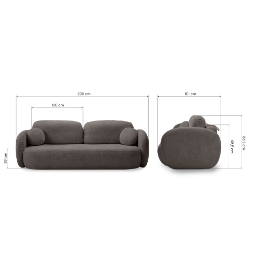 Sofa rozkładana Lindo z pojemnikiem, brązowa, boucle, obłe kształty