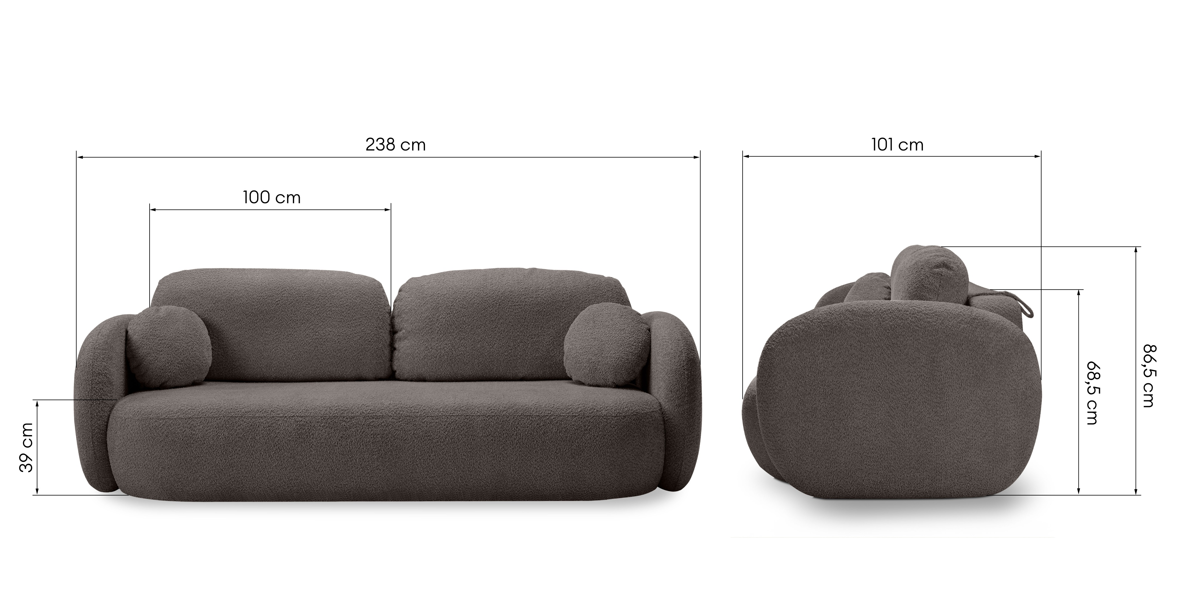 Sofa rozkładana Lindo z pojemnikiem, brązowa, boucle, obłe kształty