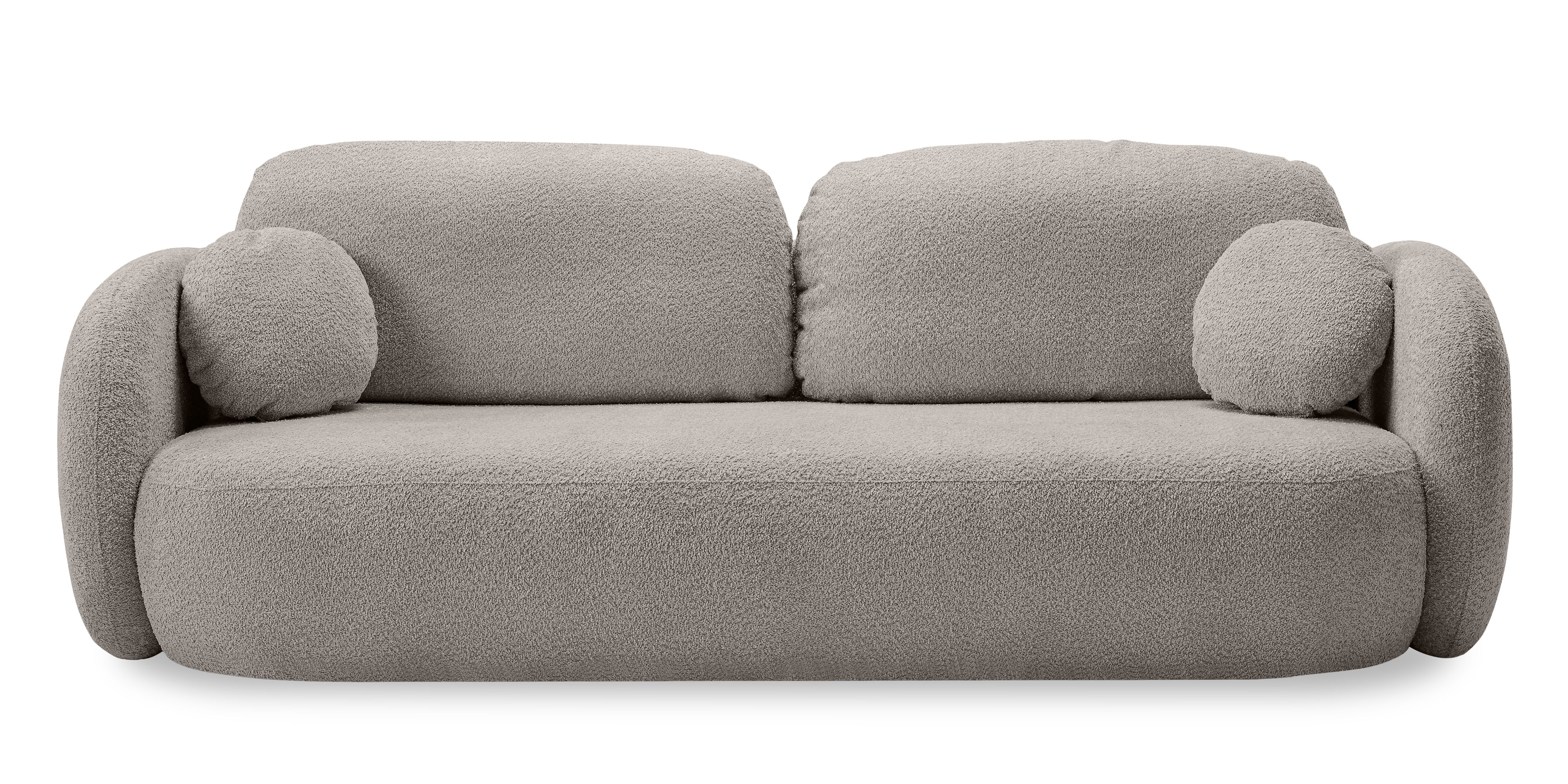 Sofa rozkładana Lindo z pojemnikiem, beżowoszara, boucle, obłe kształty