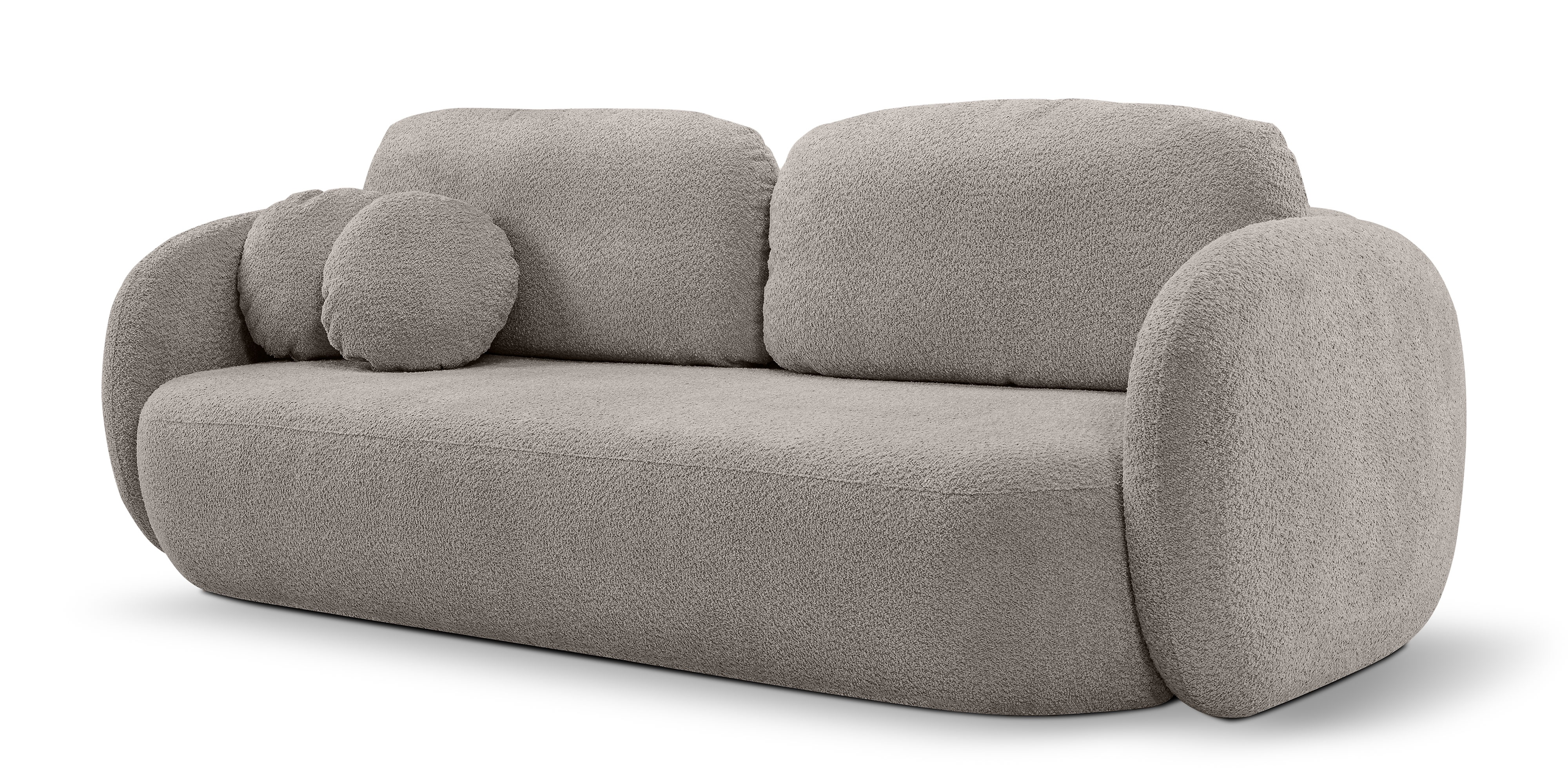 Sofa rozkładana Lindo z pojemnikiem, beżowoszara, boucle, obłe kształty