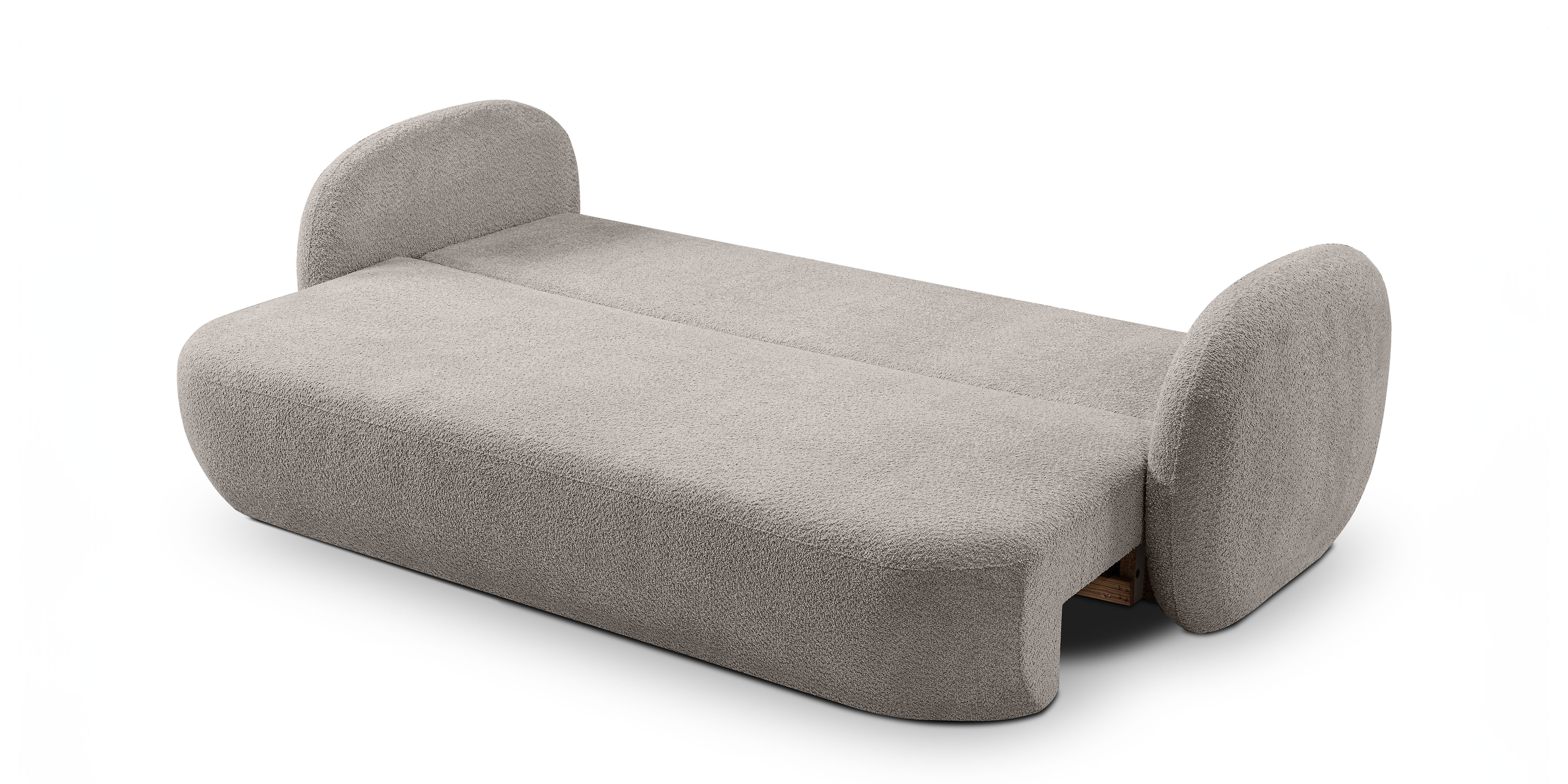 Sofa rozkładana Lindo z pojemnikiem, beżowoszara, boucle, obłe kształty