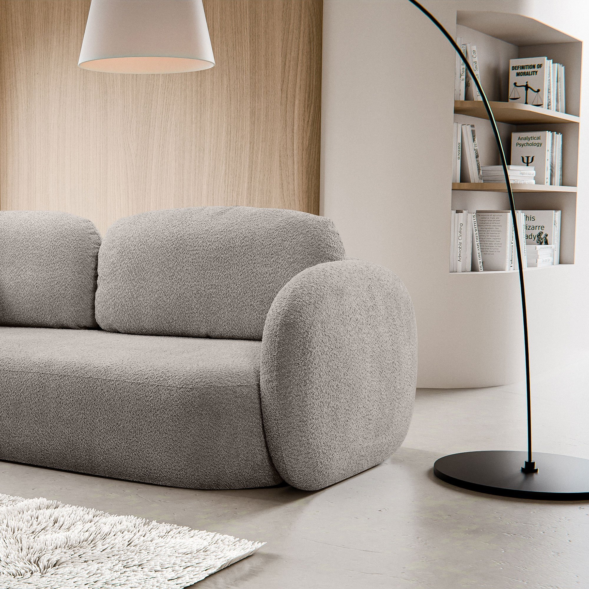 Sofa rozkładana Lindo z pojemnikiem, beżowoszara, boucle, obłe kształty