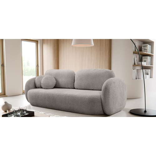 Sofa rozkładana Lindo z pojemnikiem, beżowoszara, boucle, obłe kształty