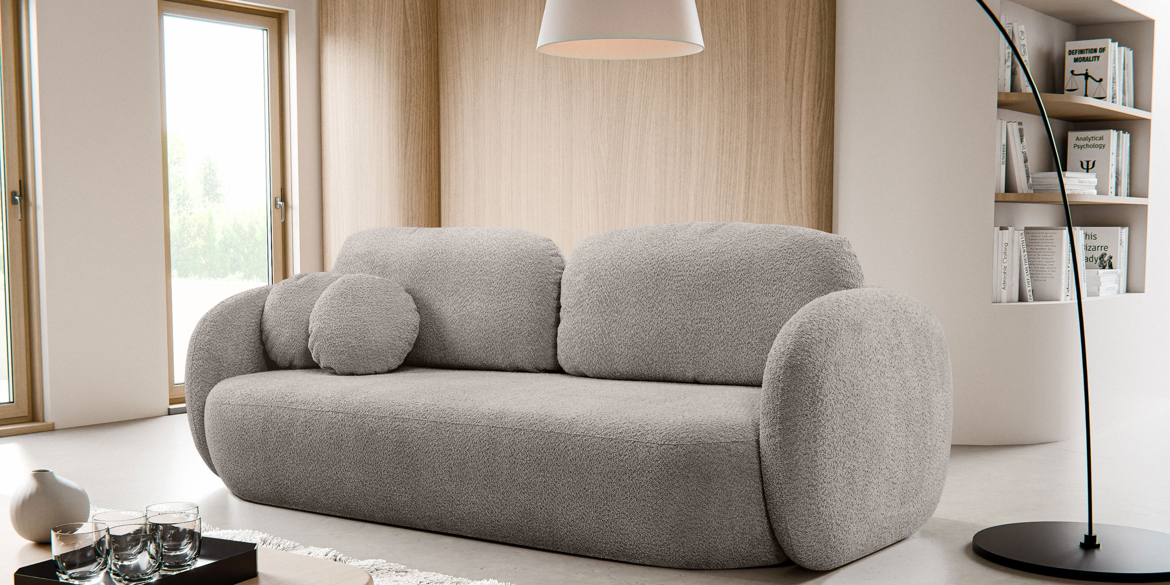 Sofa rozkładana Lindo z pojemnikiem, beżowoszara, boucle, obłe kształty