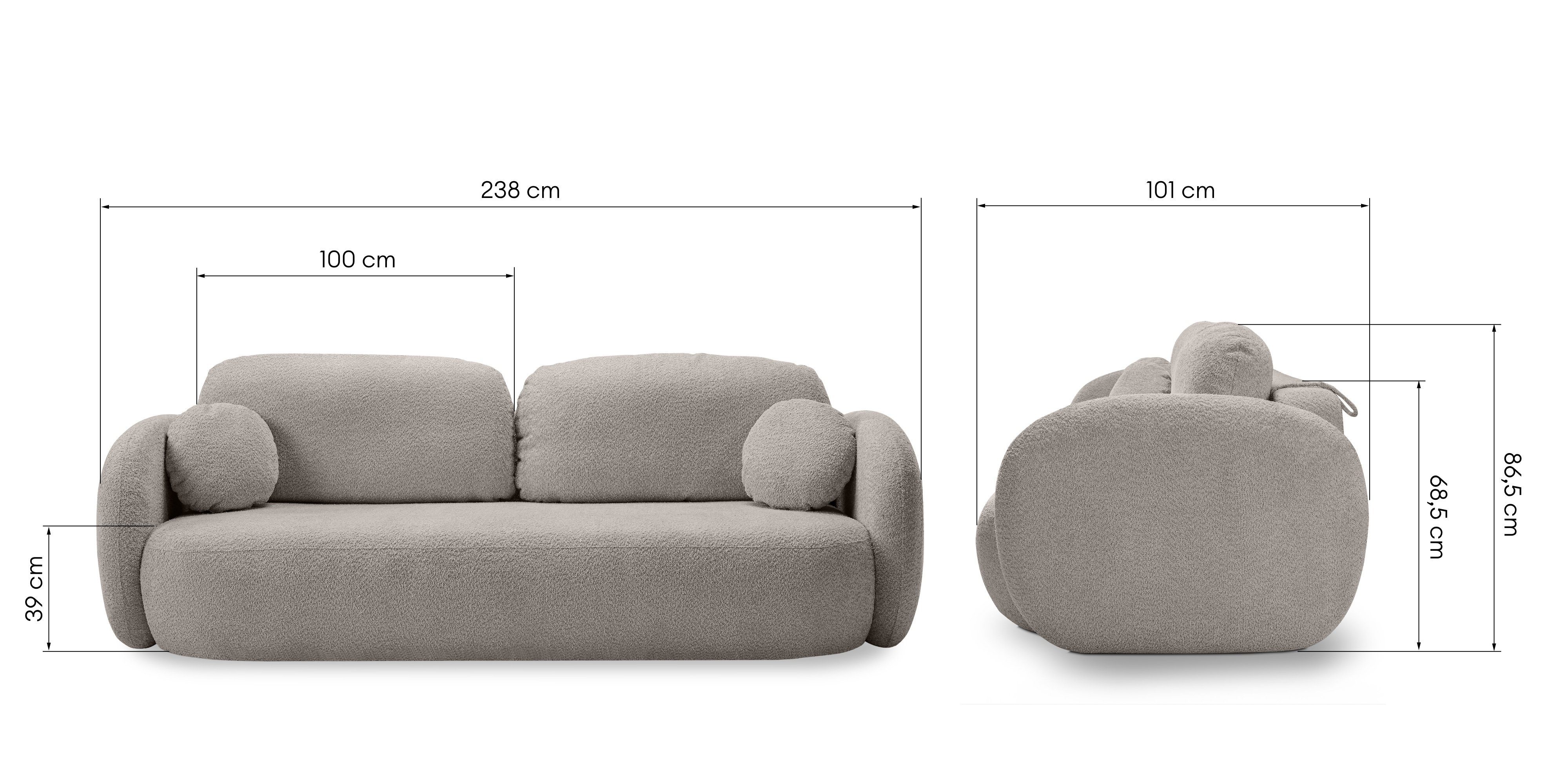 Sofa rozkładana Lindo z pojemnikiem, beżowoszara, boucle, obłe kształty