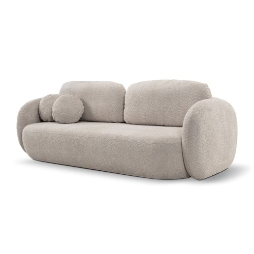 Sofa rozkładana Lindo z pojemnikiem, beżowa, boucle, obłe kształty