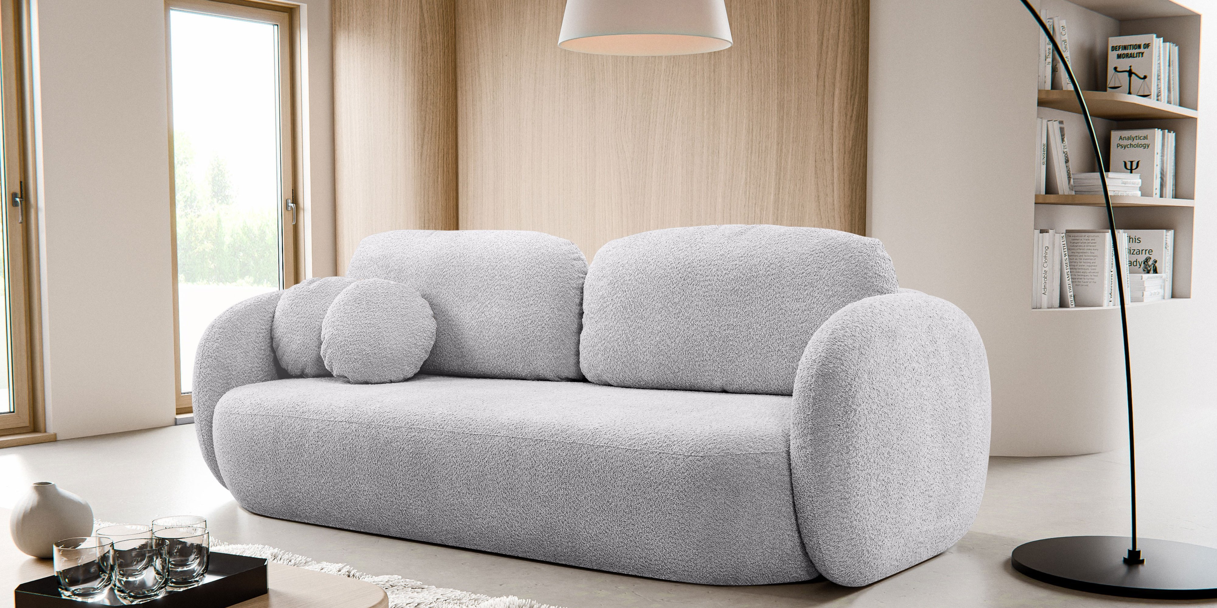 Sofa rozkładana Lindo z pojemnikiem, jasnoszara, boucle, obłe kształty