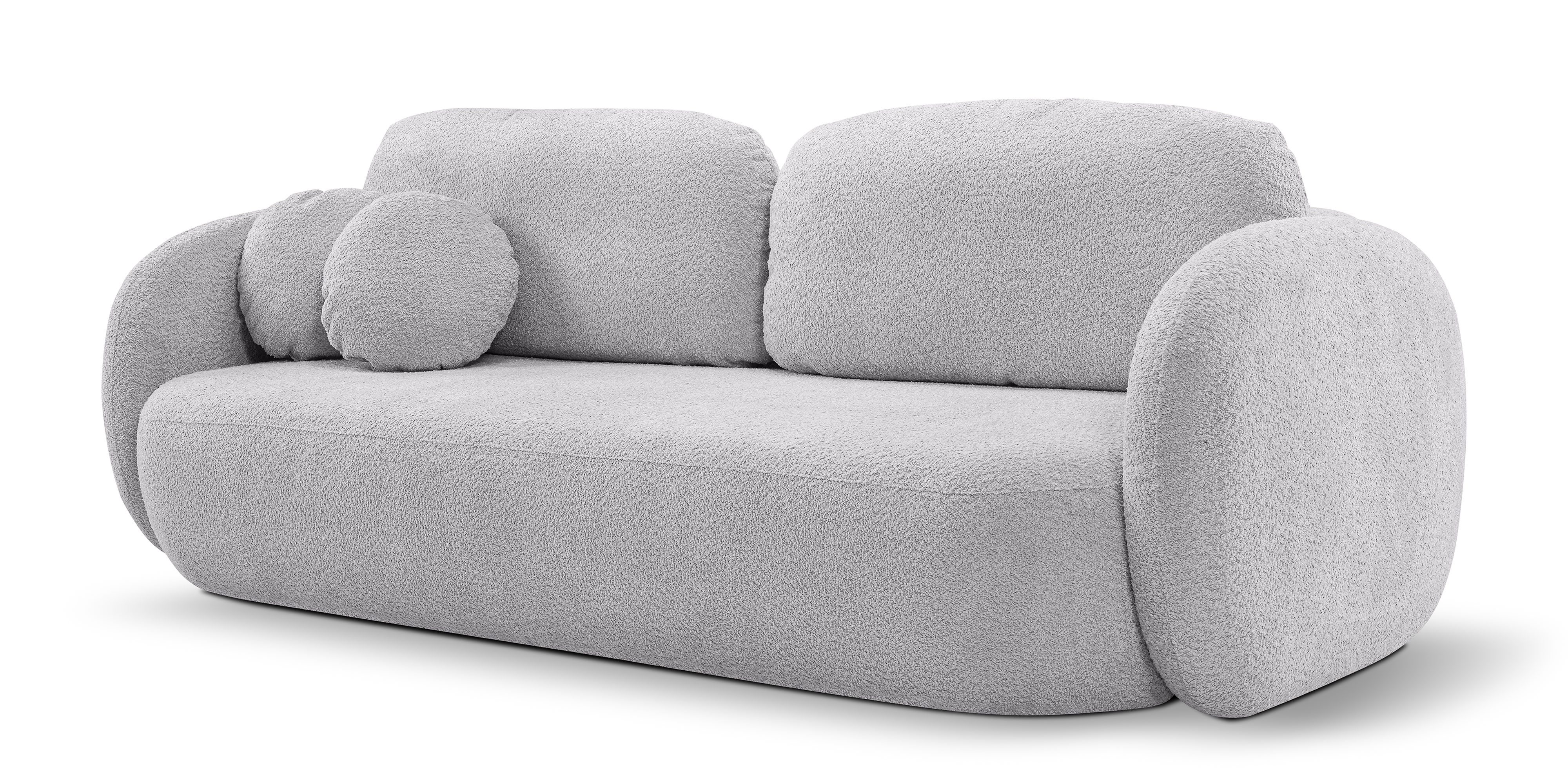 Sofa rozkładana Lindo z pojemnikiem, jasnoszara, boucle, obłe kształty