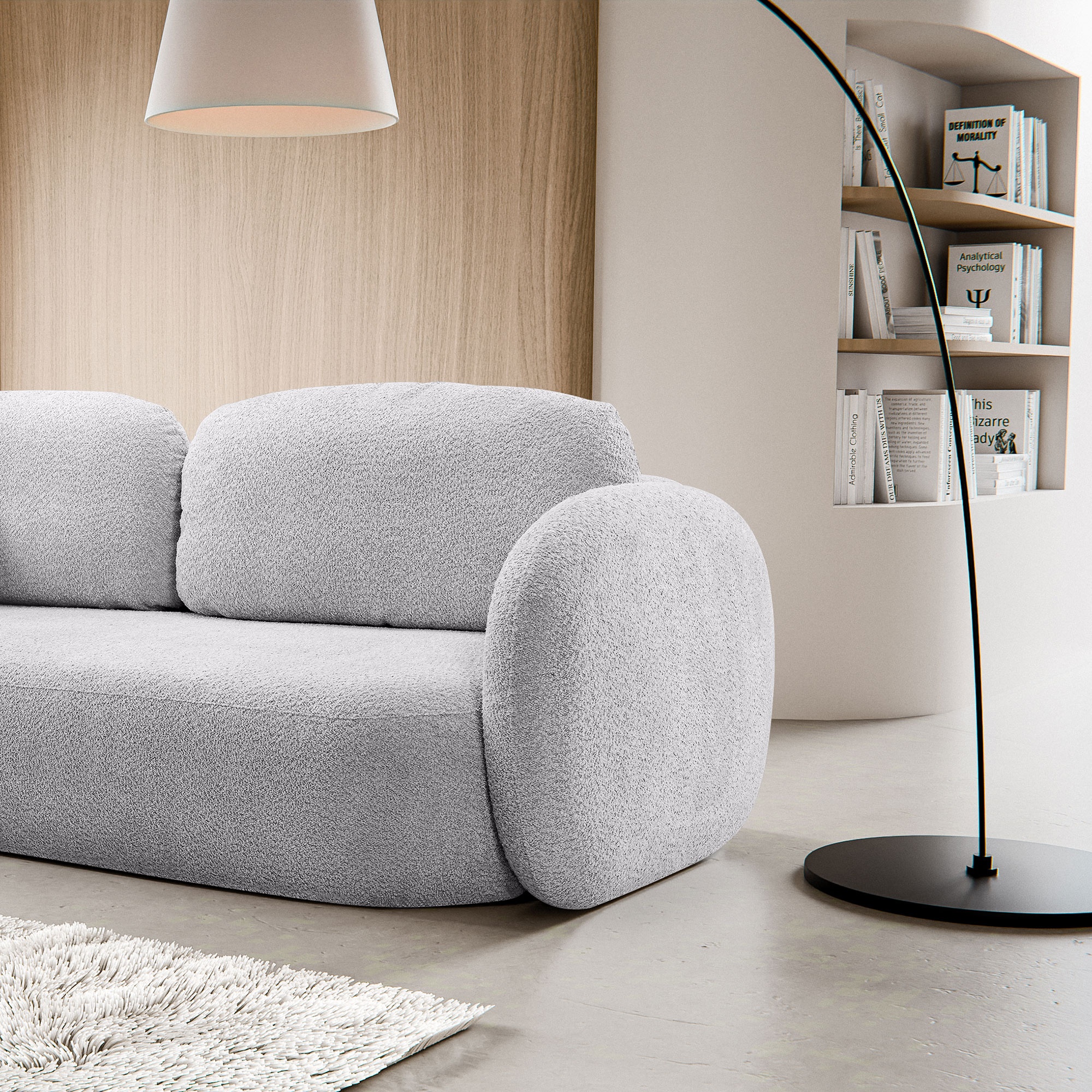 Sofa rozkładana Lindo z pojemnikiem, jasnoszara, boucle, obłe kształty