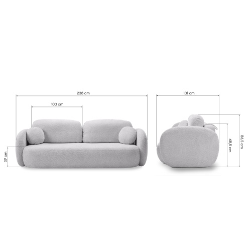 Sofa rozkładana Lindo z pojemnikiem, jasnoszara, boucle, obłe kształty