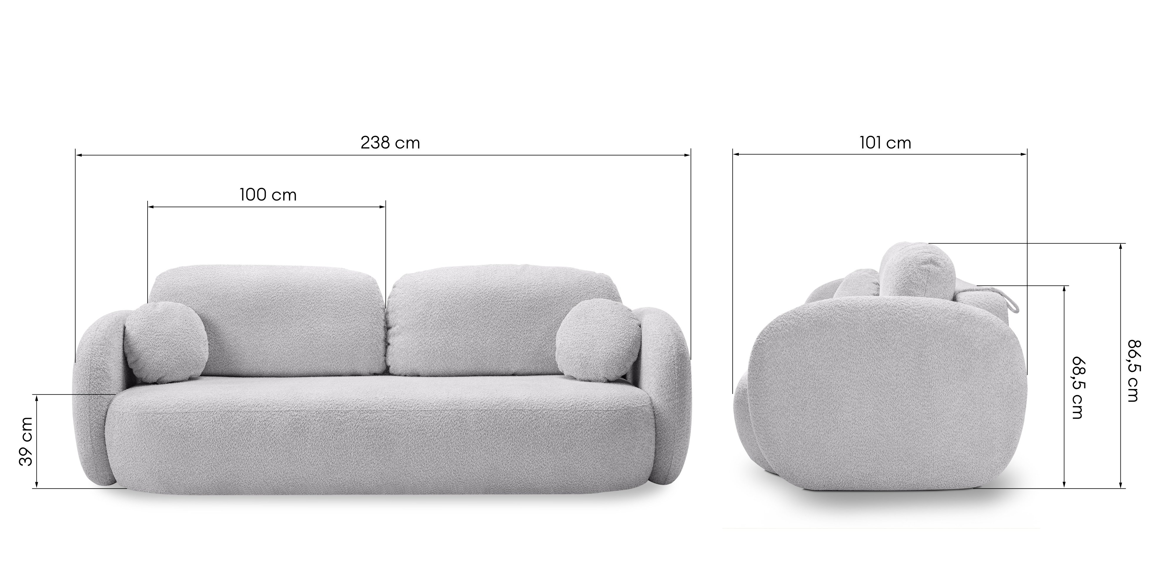 Sofa rozkładana Lindo z pojemnikiem, jasnoszara, boucle, obłe kształty