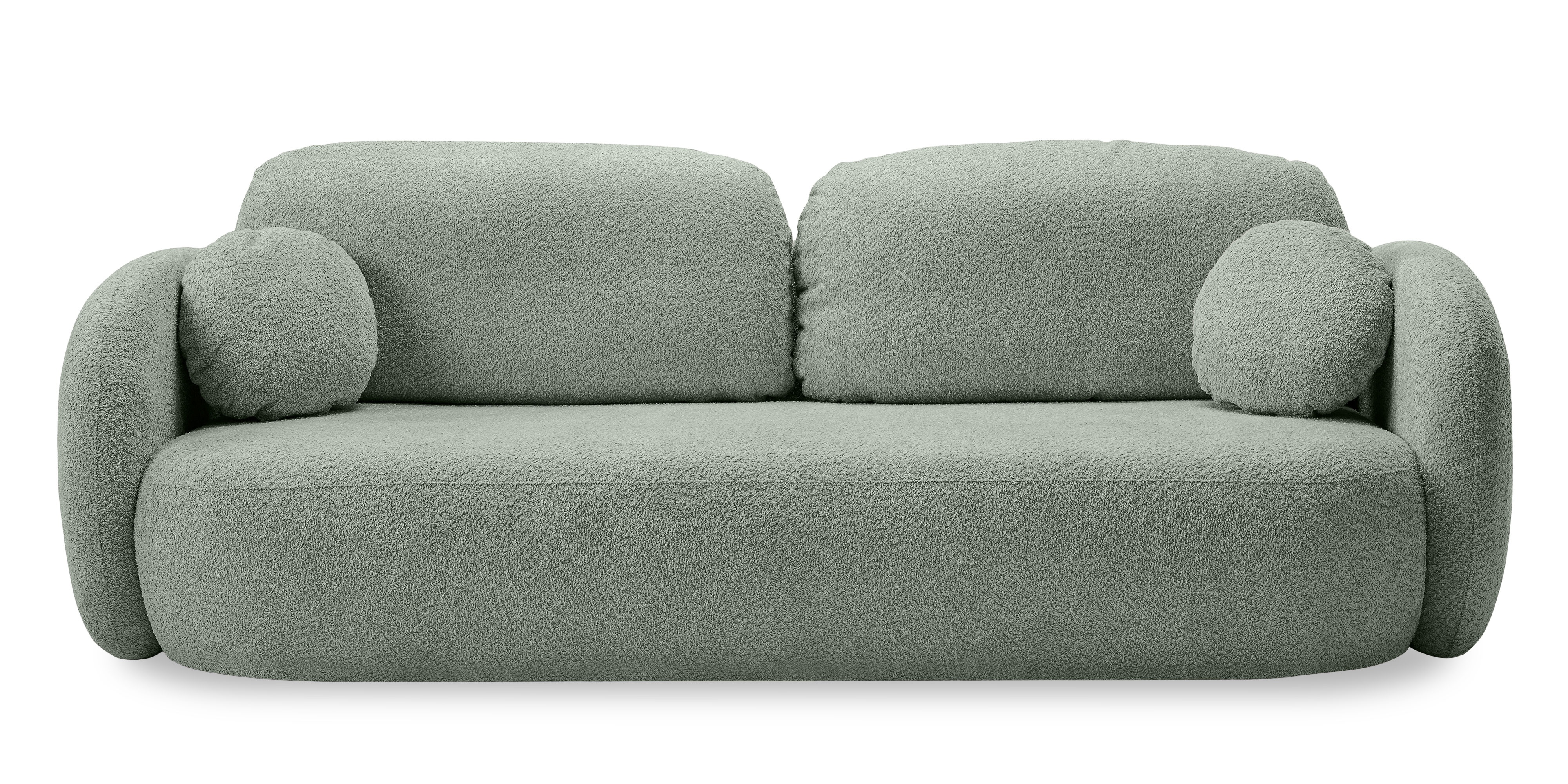 Sofa rozkładana Lindo z pojemnikiem, szałwiowa, boucle, obłe kształty