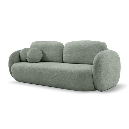 Sofa rozkładana Lindo z pojemnikiem, szałwiowa, boucle, obłe kształty