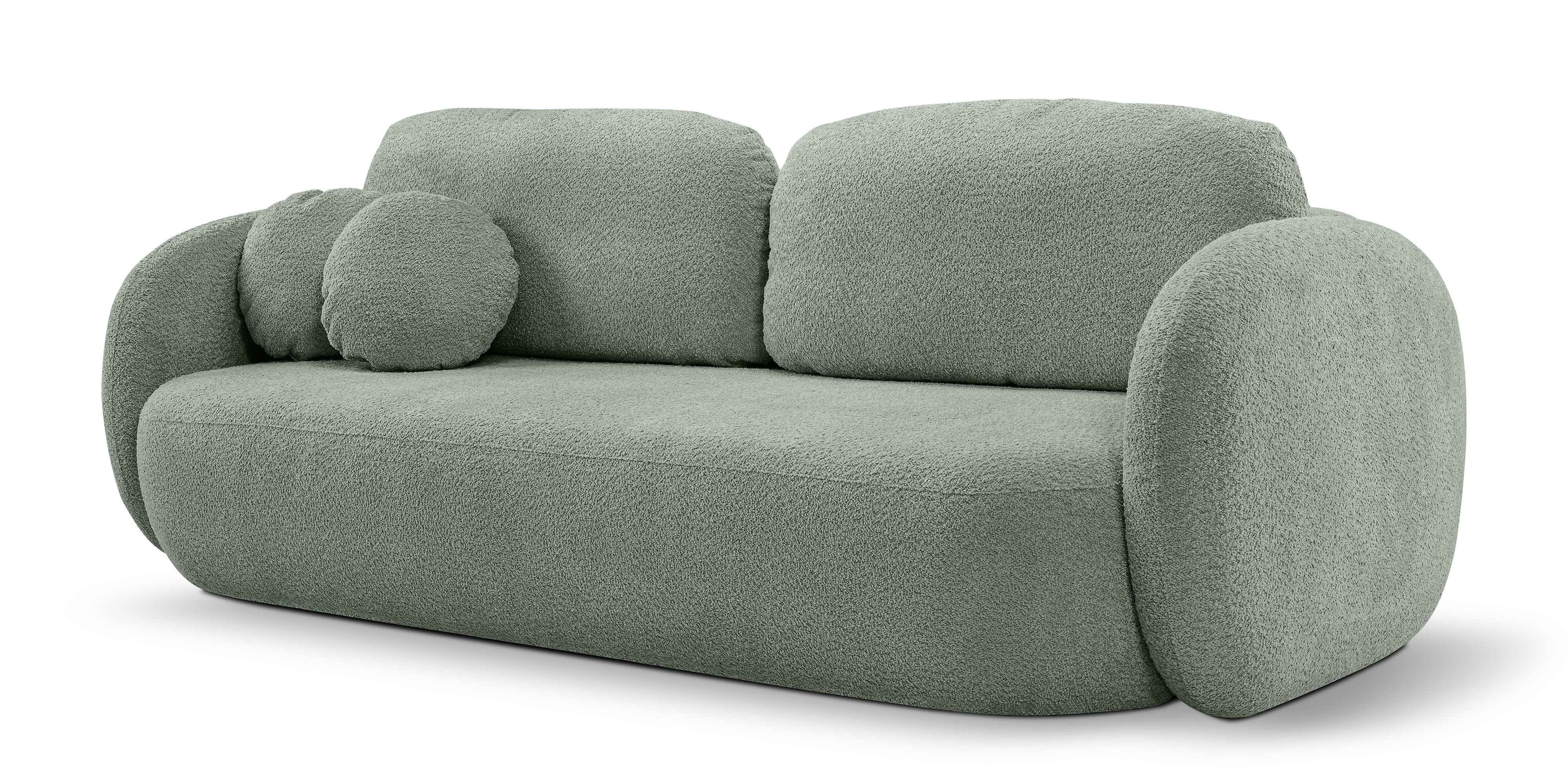 Sofa rozkładana Lindo z pojemnikiem, szałwiowa, boucle, obłe kształty