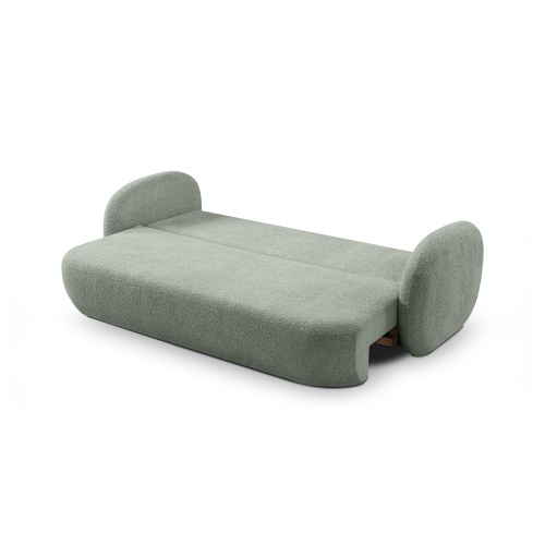 Sofa rozkładana Lindo z pojemnikiem, szałwiowa, boucle, obłe kształty