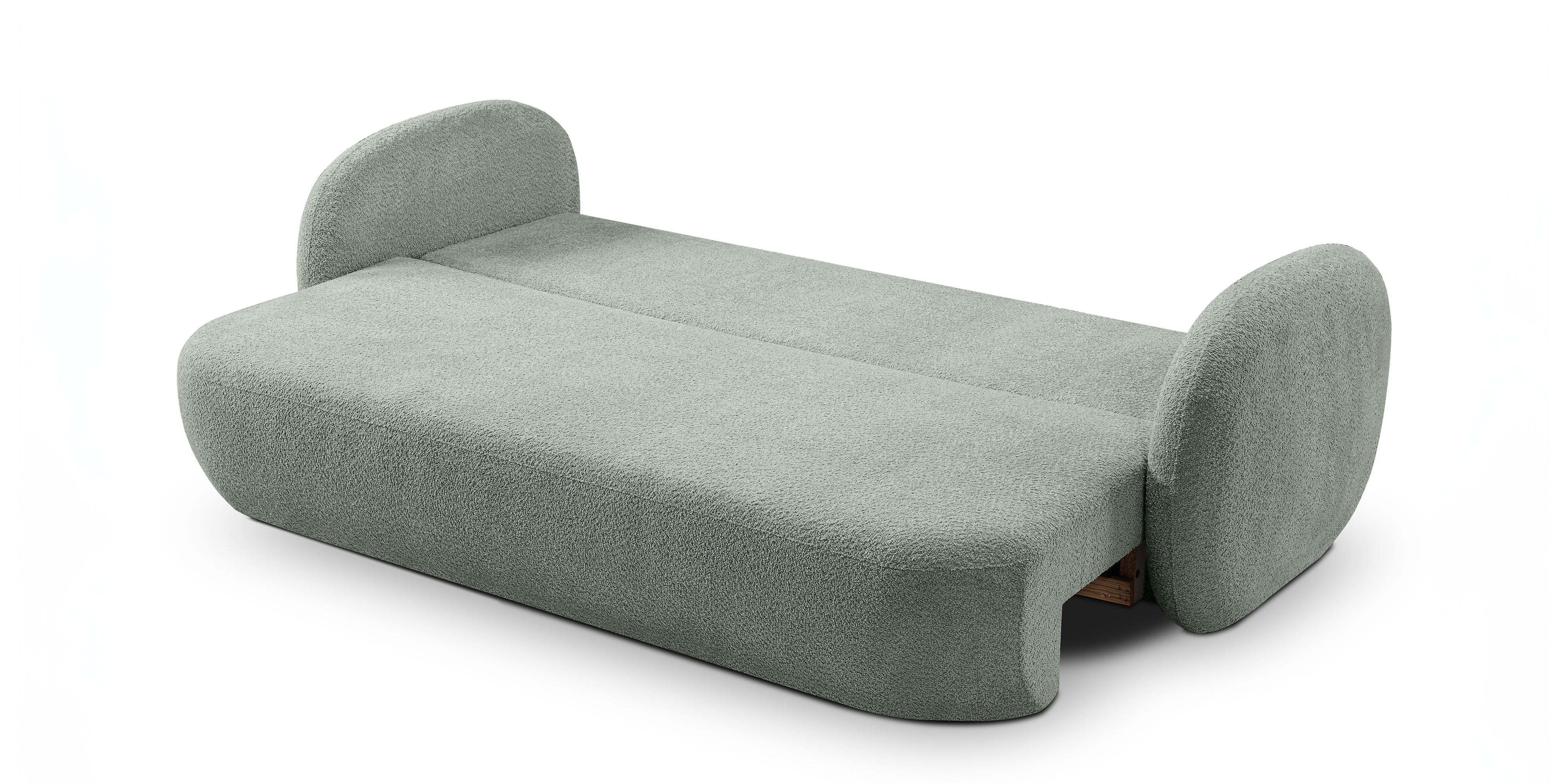 Sofa rozkładana Lindo z pojemnikiem, szałwiowa, boucle, obłe kształty