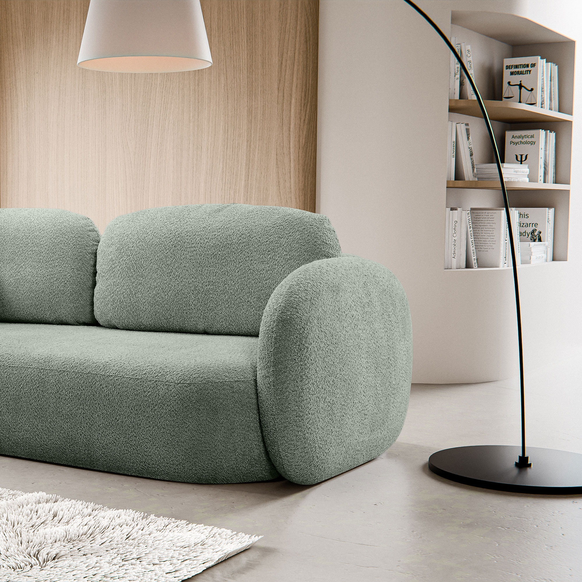 Sofa rozkładana Lindo z pojemnikiem, szałwiowa, boucle, obłe kształty