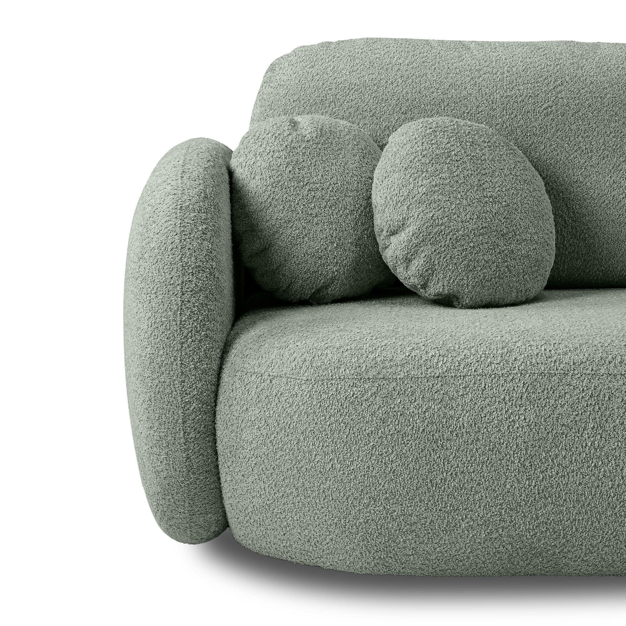 Sofa rozkładana Lindo z pojemnikiem, szałwiowa, boucle, obłe kształty