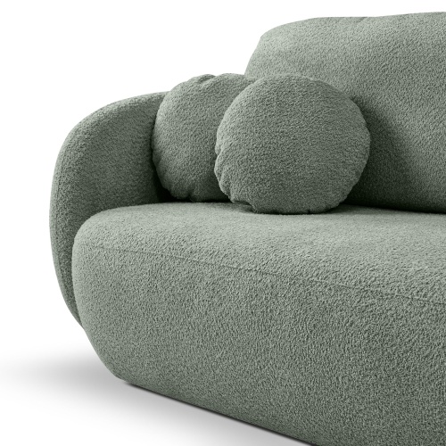 Sofa rozkładana Lindo z pojemnikiem, szałwiowa, boucle, obłe kształty