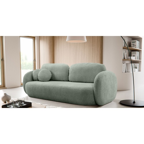 Sofa rozkładana Lindo z pojemnikiem, szałwiowa, boucle, obłe kształty