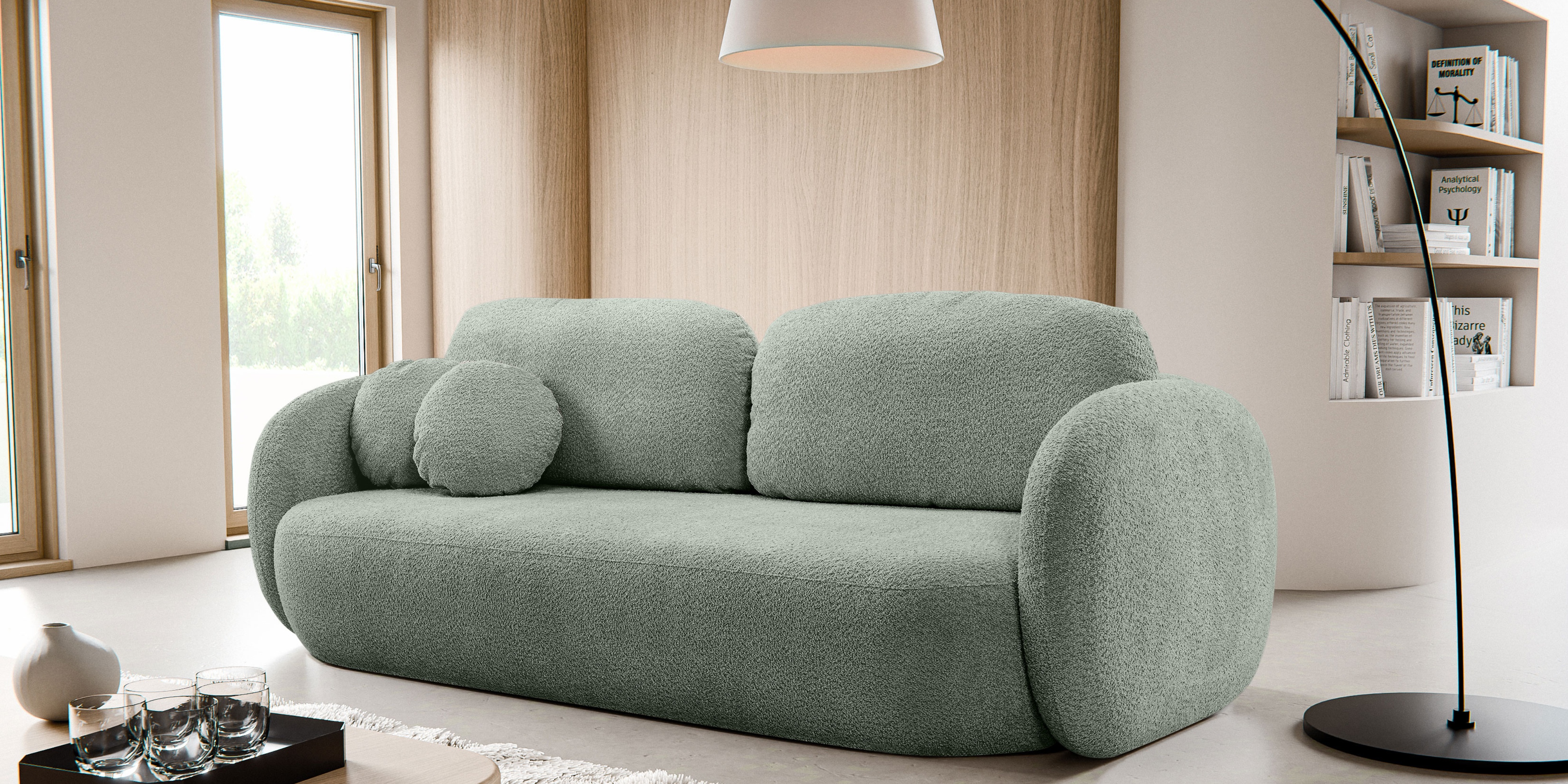 Sofa rozkładana Lindo z pojemnikiem, szałwiowa, boucle, obłe kształty