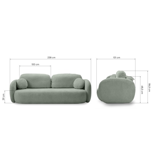 Sofa rozkładana Lindo z pojemnikiem, szałwiowa, boucle, obłe kształty