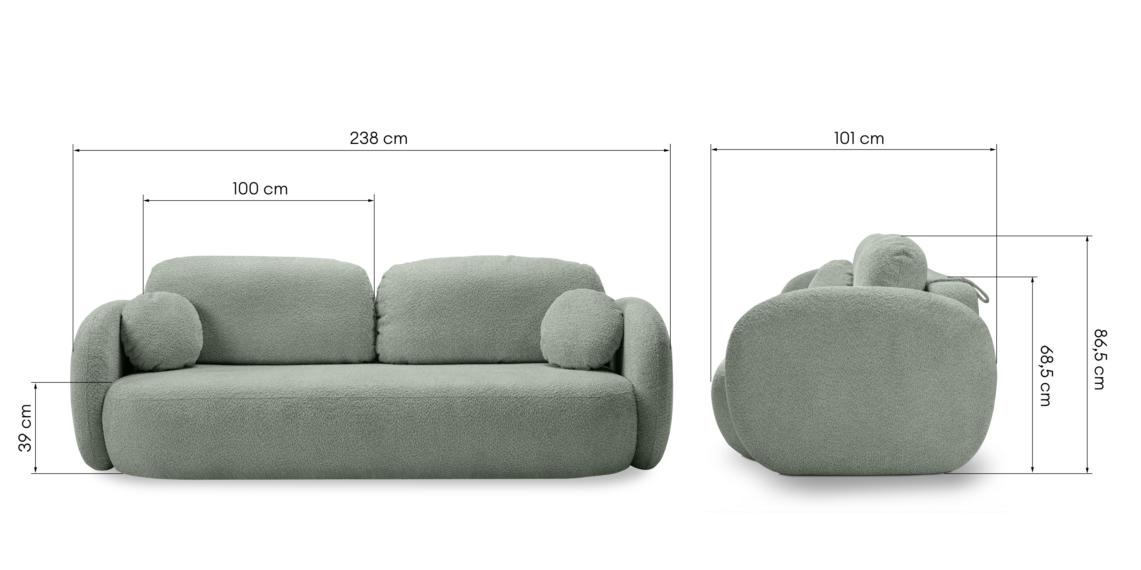 Sofa rozkładana Lindo z pojemnikiem, szałwiowa, boucle, obłe kształty