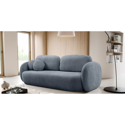 Sofa rozkładana Lindo z pojemnikiem, szaroniebieska, boucle, obłe kształty