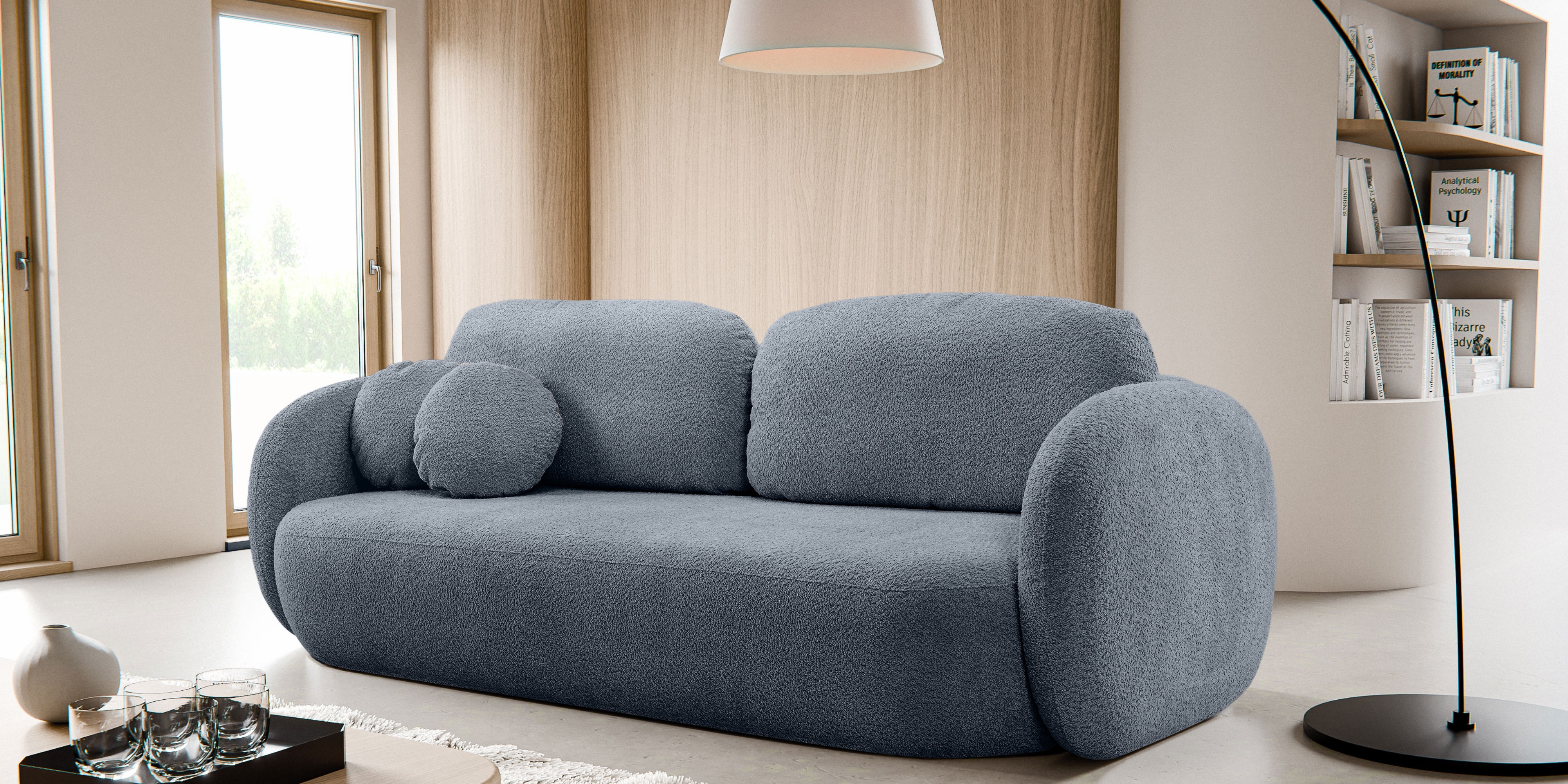 Sofa rozkładana Lindo z pojemnikiem, szaroniebieska, boucle, obłe kształty