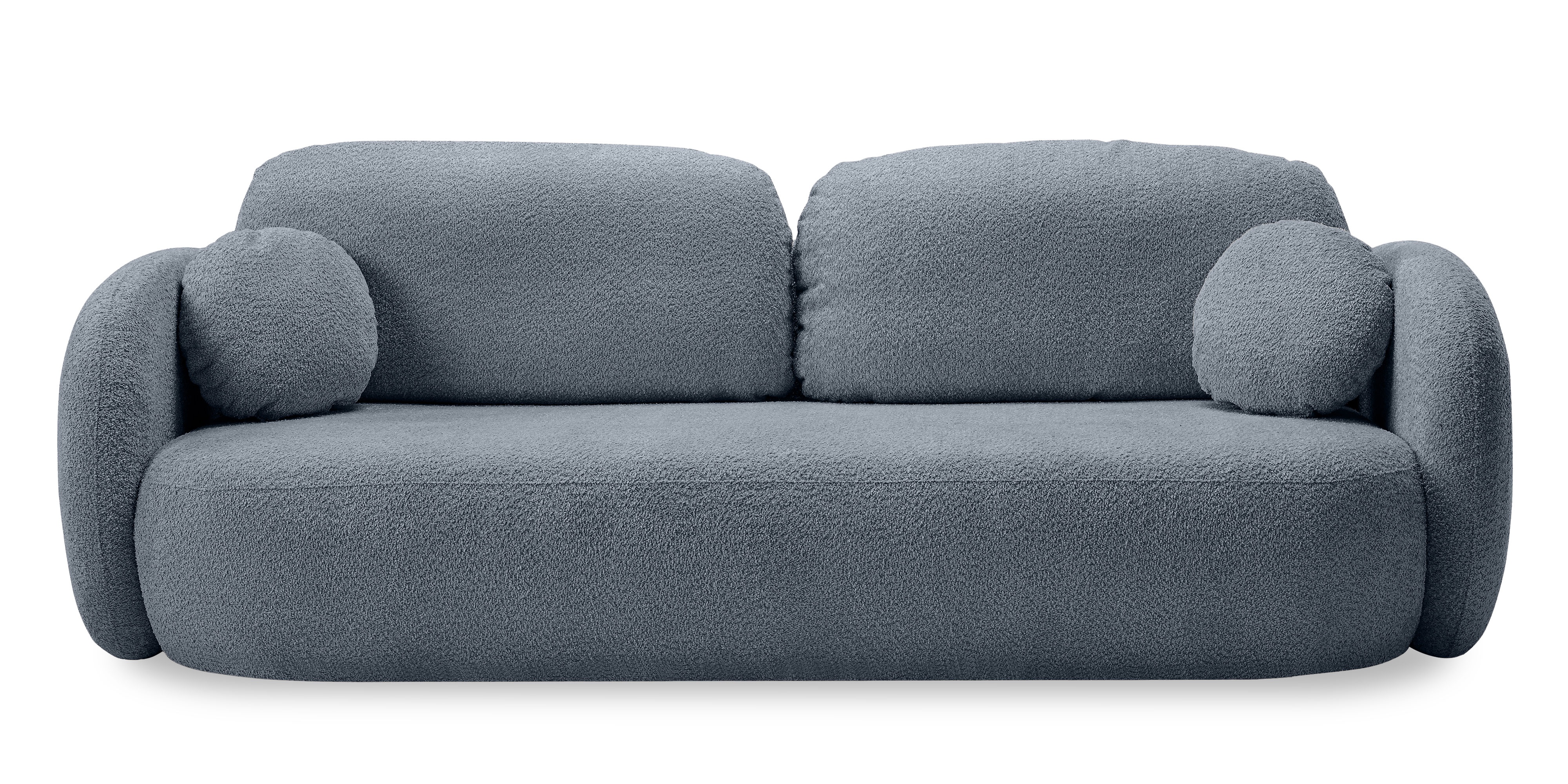 Sofa rozkładana Lindo z pojemnikiem, szaroniebieska, boucle, obłe kształty