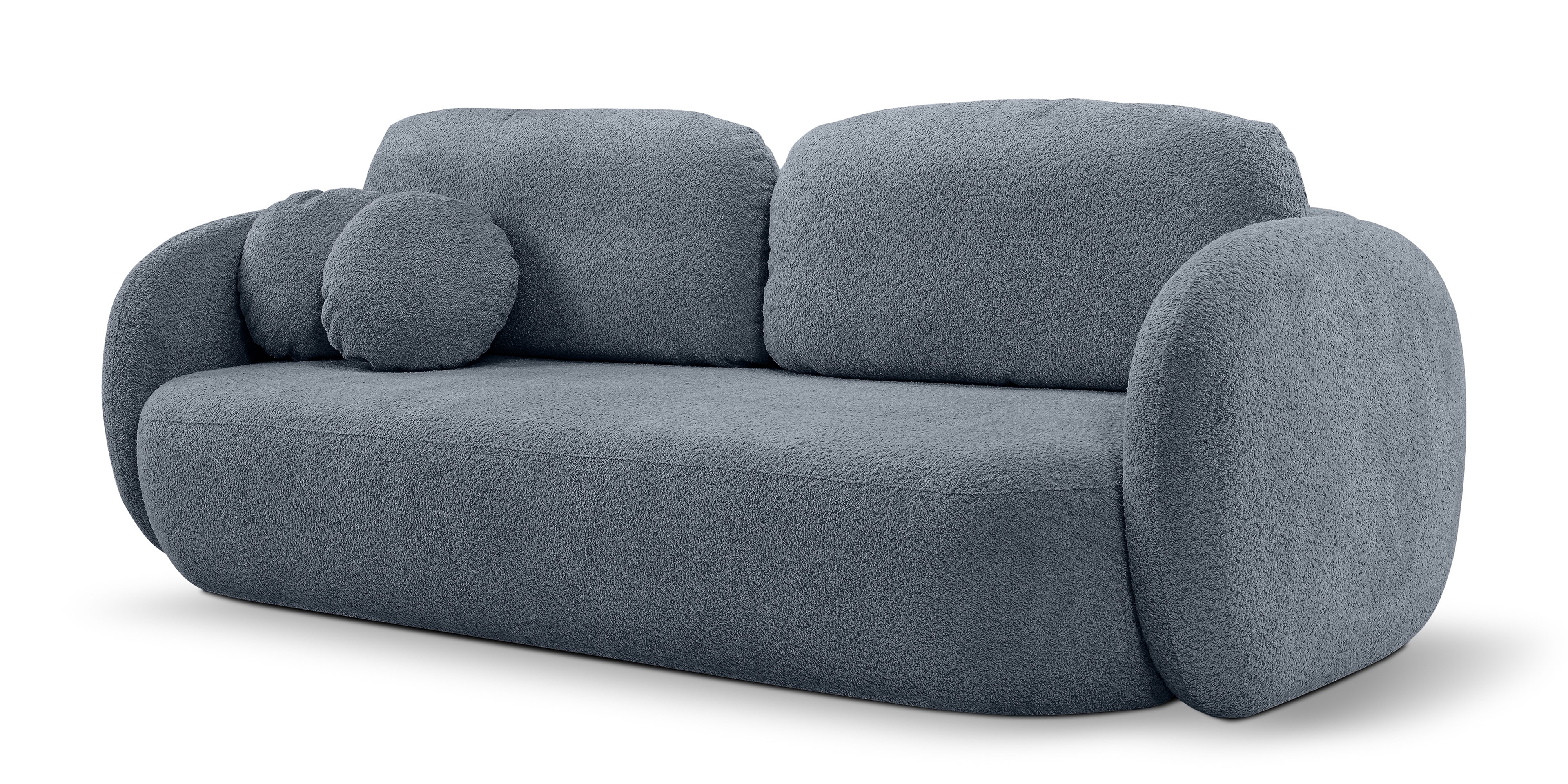 Sofa rozkładana Lindo z pojemnikiem, szaroniebieska, boucle, obłe kształty