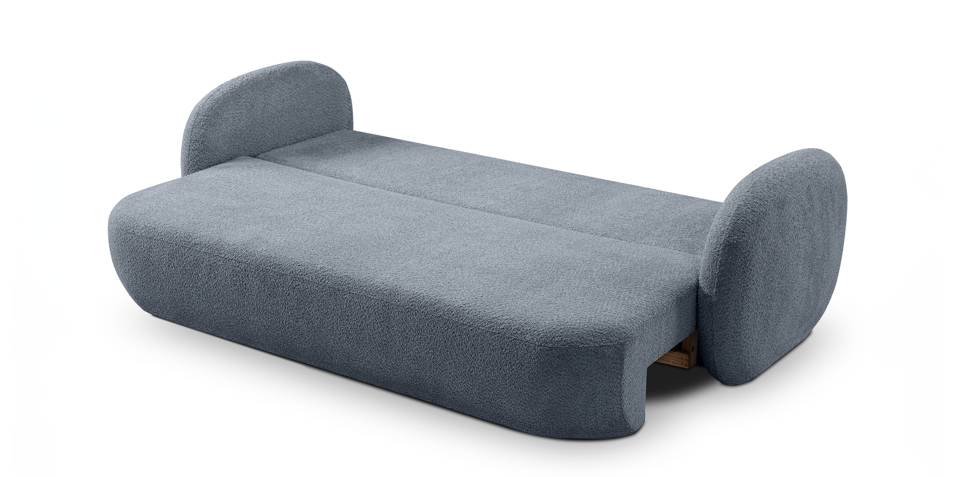 Sofa rozkładana Lindo z pojemnikiem, szaroniebieska, boucle, obłe kształty