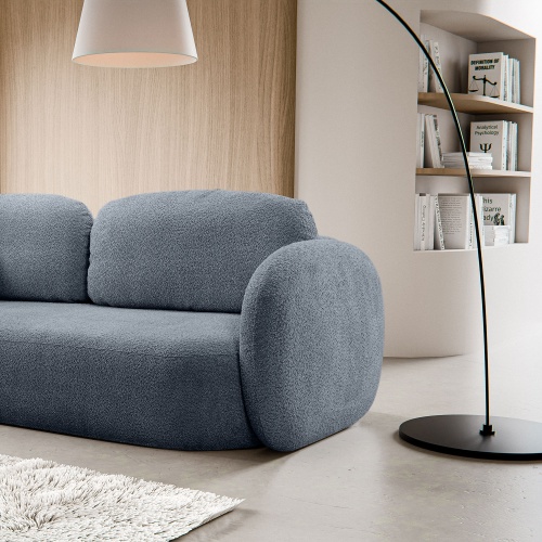 Sofa rozkładana Lindo z pojemnikiem, szaroniebieska, boucle, obłe kształty