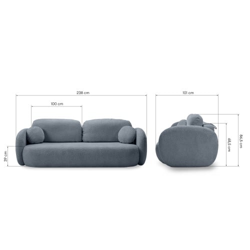 Sofa rozkładana Lindo z pojemnikiem, szaroniebieska, boucle, obłe kształty