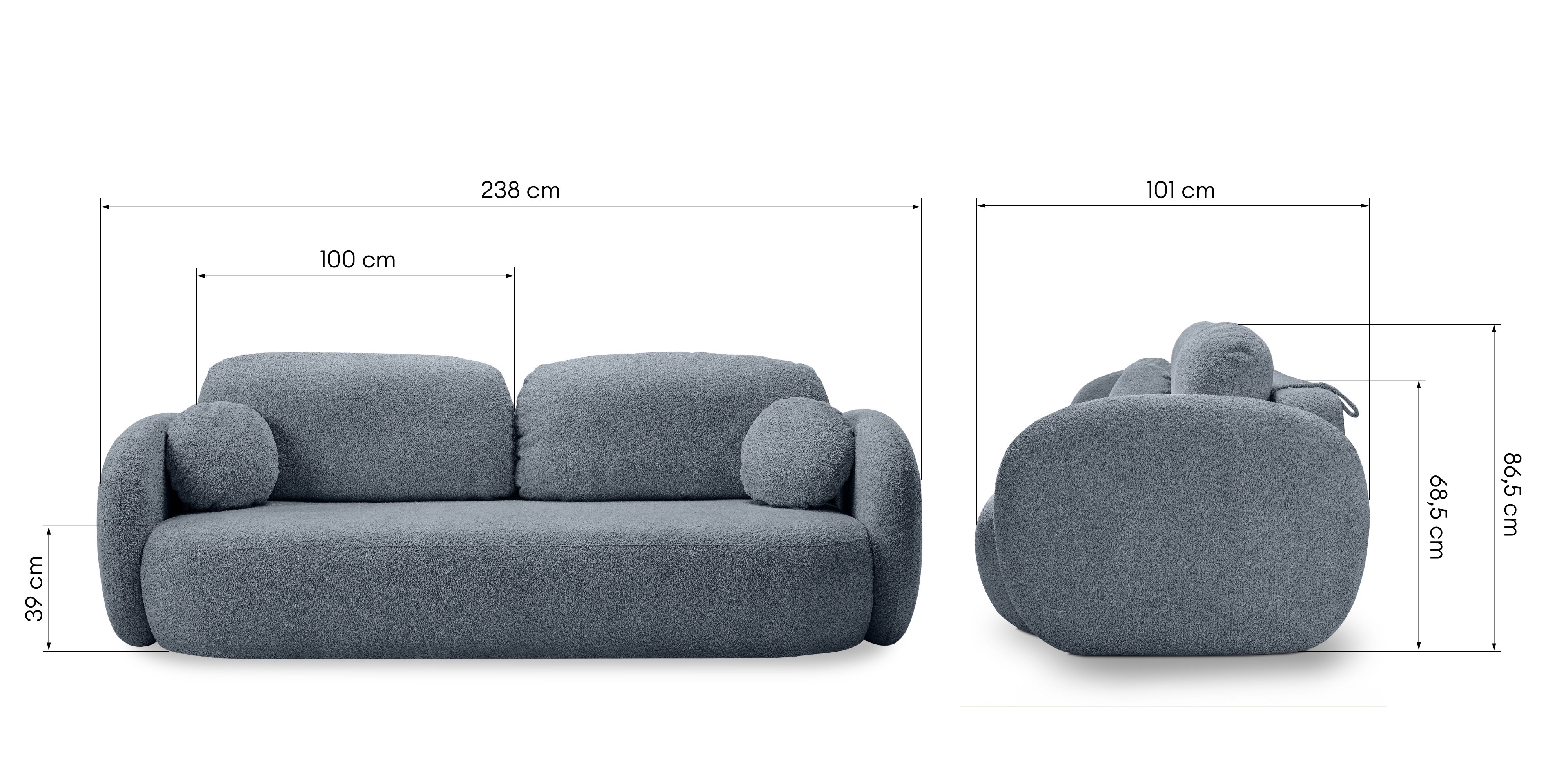 Sofa rozkładana Lindo z pojemnikiem, szaroniebieska, boucle, obłe kształty