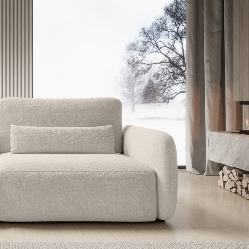 Sofa rozkładana Mossa jasnobeżowa z pojemnikiem, obłe kształty