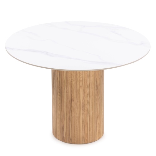 Stół do jadalni Ventura okrągły, lamele, efekt białego marmuru, jesion