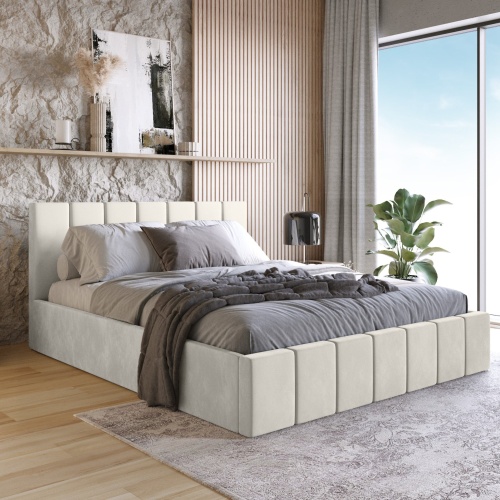 Łóżko tapicerowane Basic 140/160x200 cm z pojemnikiem i stelażem, jasnobeżowe, welurowe