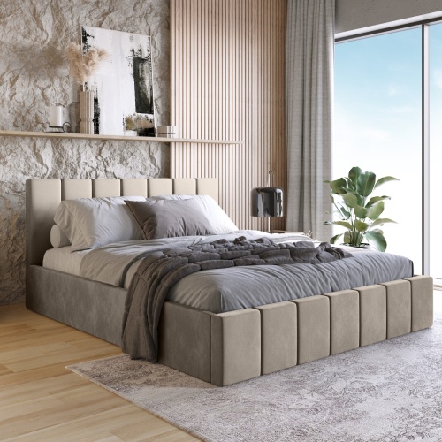 Łóżko tapicerowane Basic 140/160x200 cm z pojemnikiem i stelażem, brązowe, welurowe