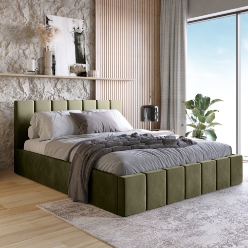 Łóżko tapicerowane Basic 140/160x200 cm z pojemnikiem i stelażem, oliwkowozielone, welurowe
