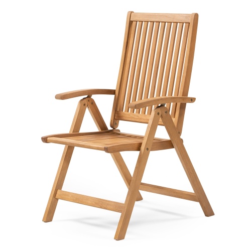 Zestaw ogrodowy Familis stół + 4 krzesła z regulowanymi oparciami, teak look, drewno eukaliptusowe