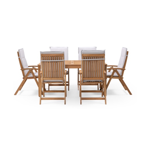 Zestaw ogrodowy Familis stół + 6 krzeseł z regulowanymi oparciami i jasnoszarymi poduszkami, teak look, drewno