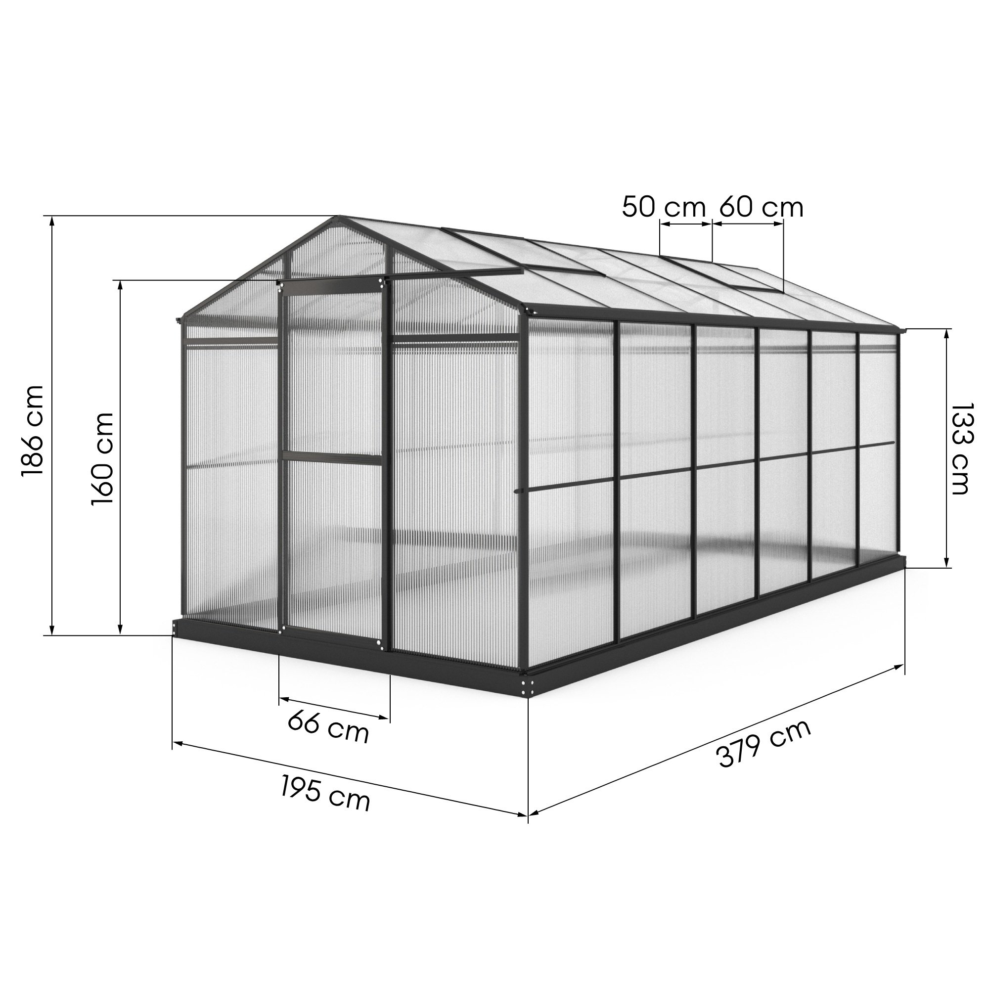 Szklarnia aluminiowa Growee z fundamentem 195x379 cm, sześciosekcyjna, poliwęglanowa, czarna