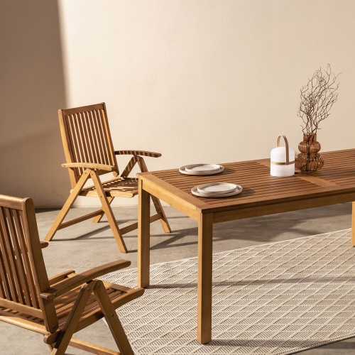 Zestaw ogrodowy Familis stół + 6 krzeseł z regulowanymi oparciami, teak look, drewno eukaliptusowe