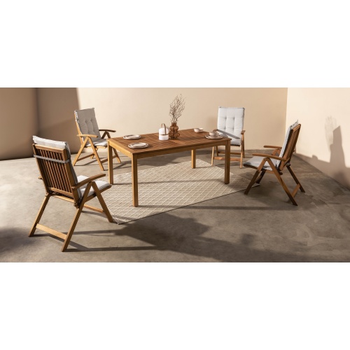 Zestaw ogrodowy Familis stół + 4 krzesła z regulowanymi oparciami i jasnoszarymi poduszkami, teak look, drewno eukaliptusowe