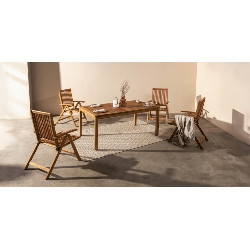 Zestaw ogrodowy Familis stół + 4 krzesła z regulowanymi oparciami, teak look, drewno eukaliptusowe