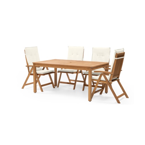 Zestaw ogrodowy Familis stół + 4 krzesła z regulowanymi oparciami i kremowymi poduszkami, teak look, drewno eukaliptusowe