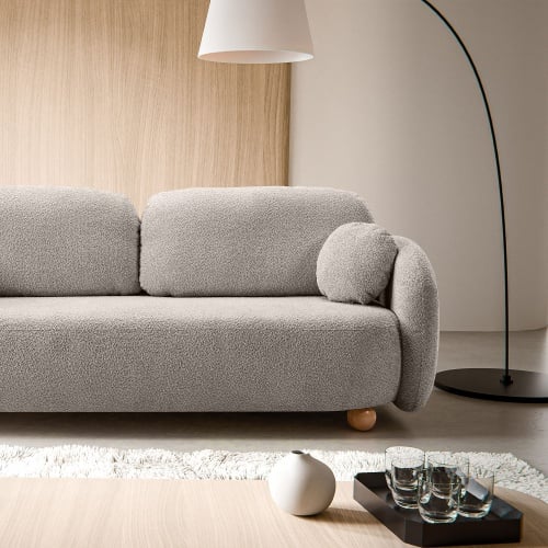 Sofa rozkładana Formosa z pojemnikiem, beżowoszara, boucle, nóżki kulki