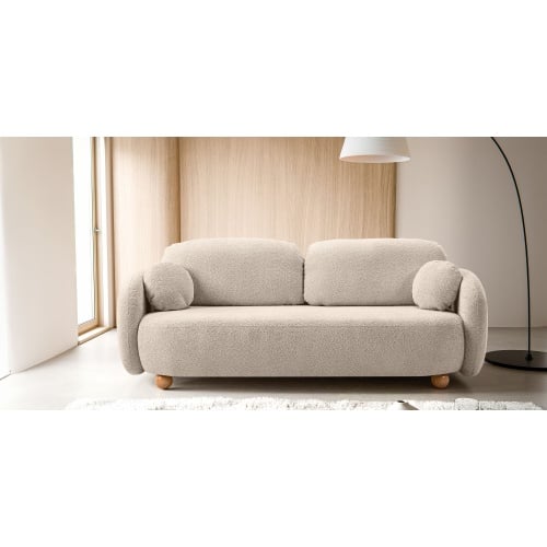 Sofa rozkładana Formosa z pojemnikiem, jasnobeżowa, boucle, nóżki kulki